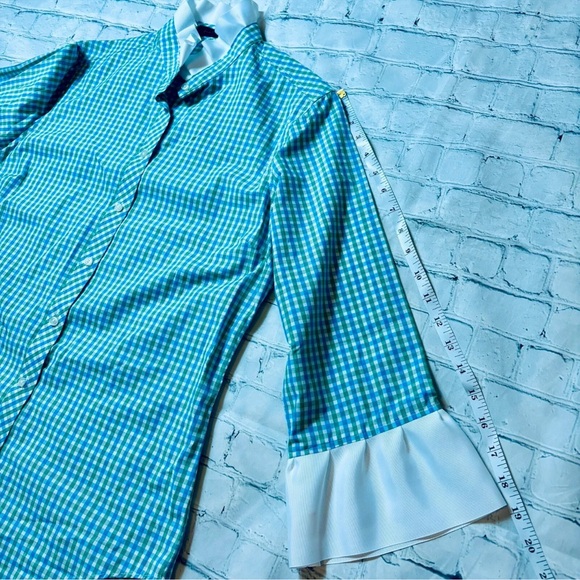 Pearly Vine Button Down Check Women's Blouse Top White Ruffle Ribbon Trim Size S - Picture 9 of 12